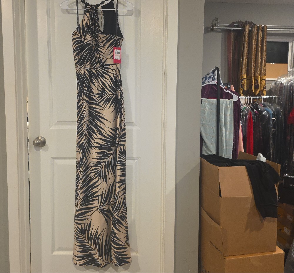 Vince Camuto Beige and Black Palm-Print Halter Maxi Dress - Picture 2 of 16
